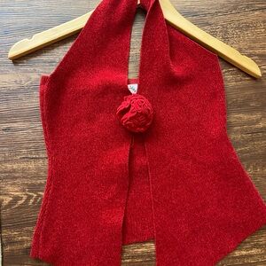With Jean Red Knit Halter Top with Rosette Detail